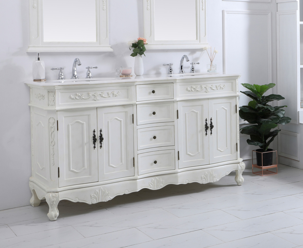 Elegant Kitchen and Bath VF10160DAW-VW 60 inch Double Bathroom vanity in antique white with ivory white engineered marble