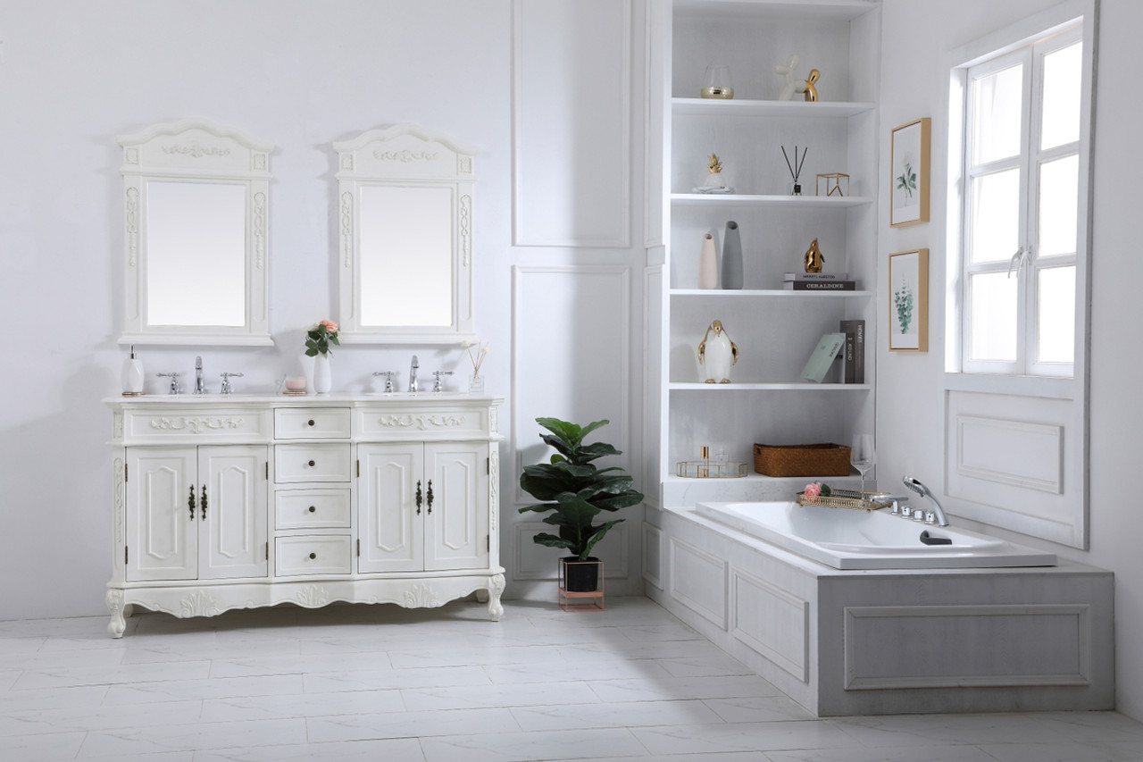 Elegant Kitchen and Bath VF10160DAW-VW 60 inch Double Bathroom vanity in antique white with ivory white engineered marble
