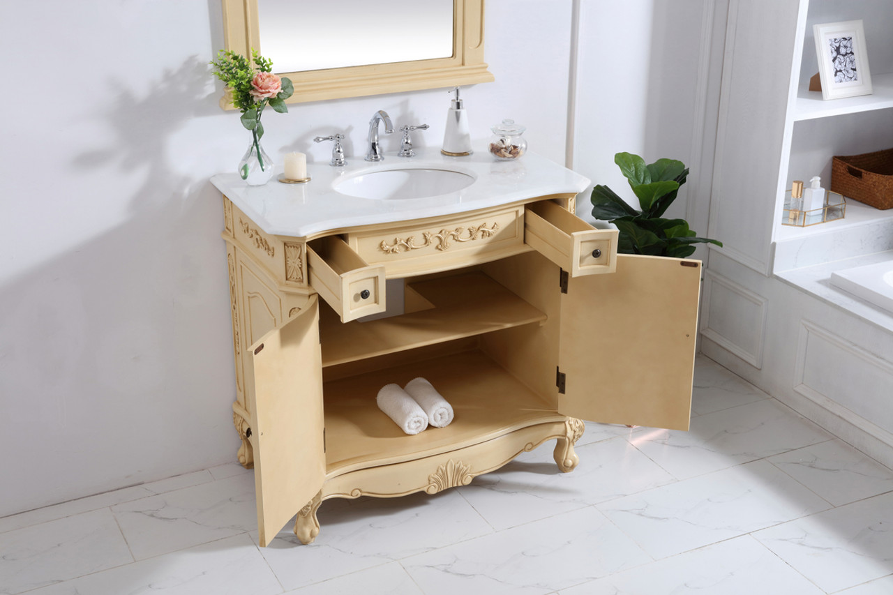 Elegant Kitchen and Bath VF10136LT-VW 36 inch Single Bathroom vanity in light antique beige with ivory white engineered marble