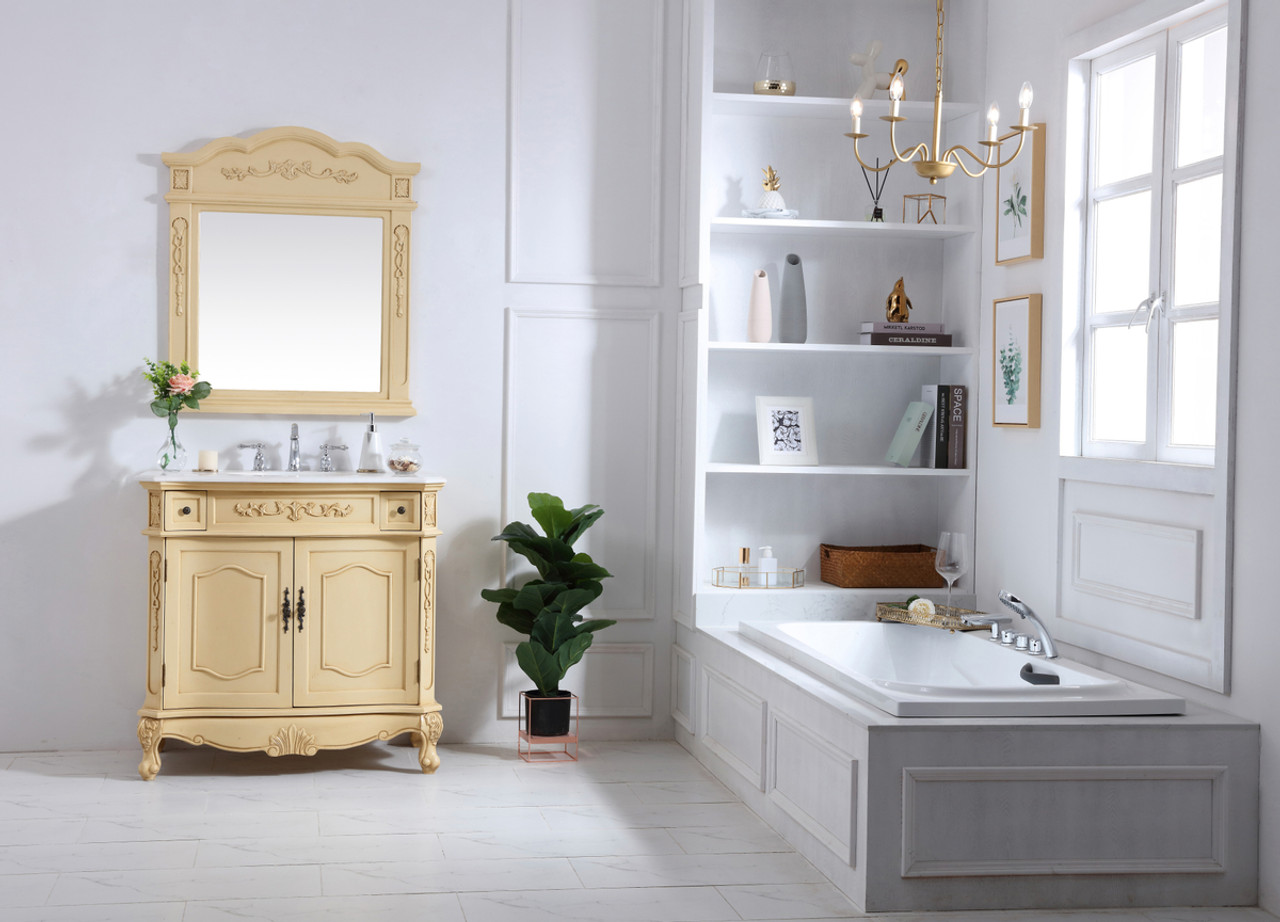 Elegant Kitchen and Bath VF10136LT-VW 36 inch Single Bathroom vanity in light antique beige with ivory white engineered marble