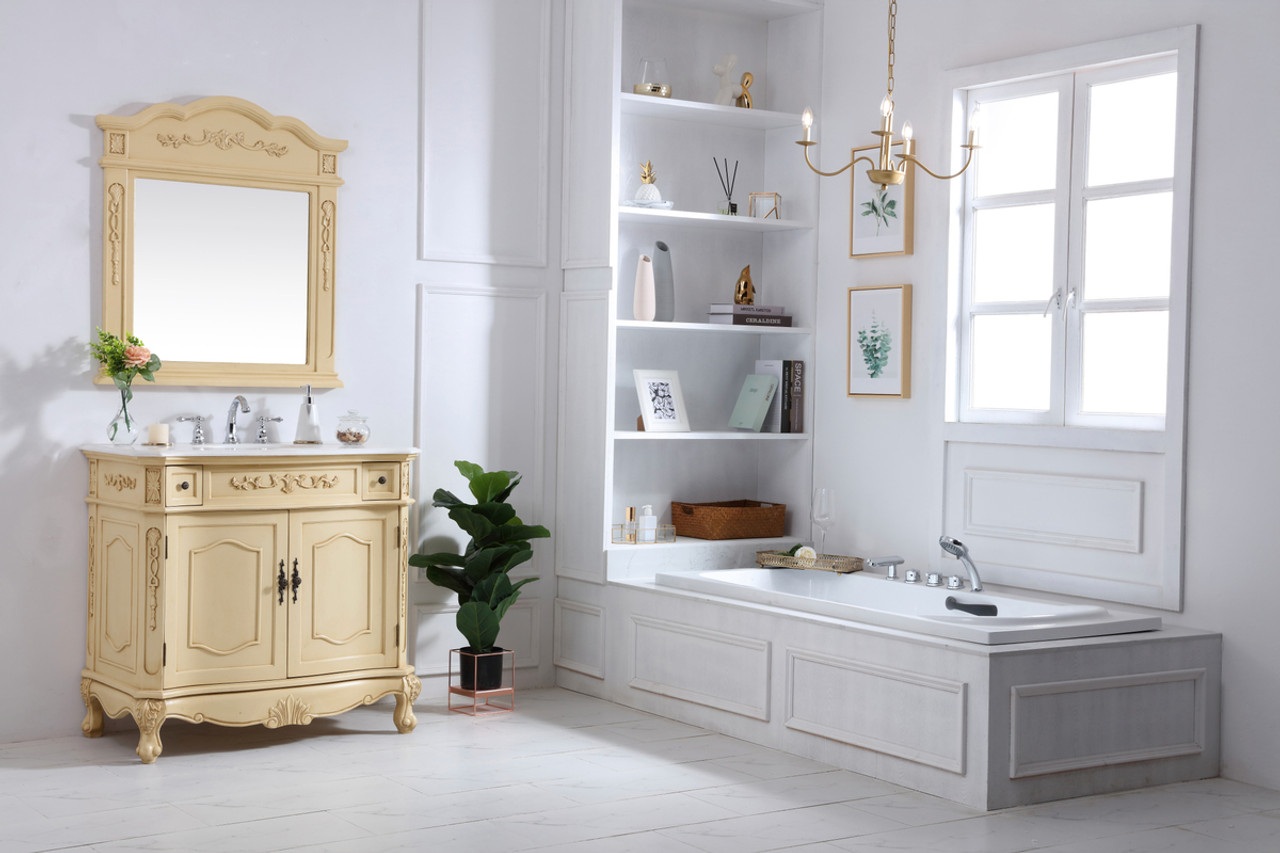Elegant Kitchen and Bath VF10136LT-VW 36 inch Single Bathroom vanity in light antique beige with ivory white engineered marble