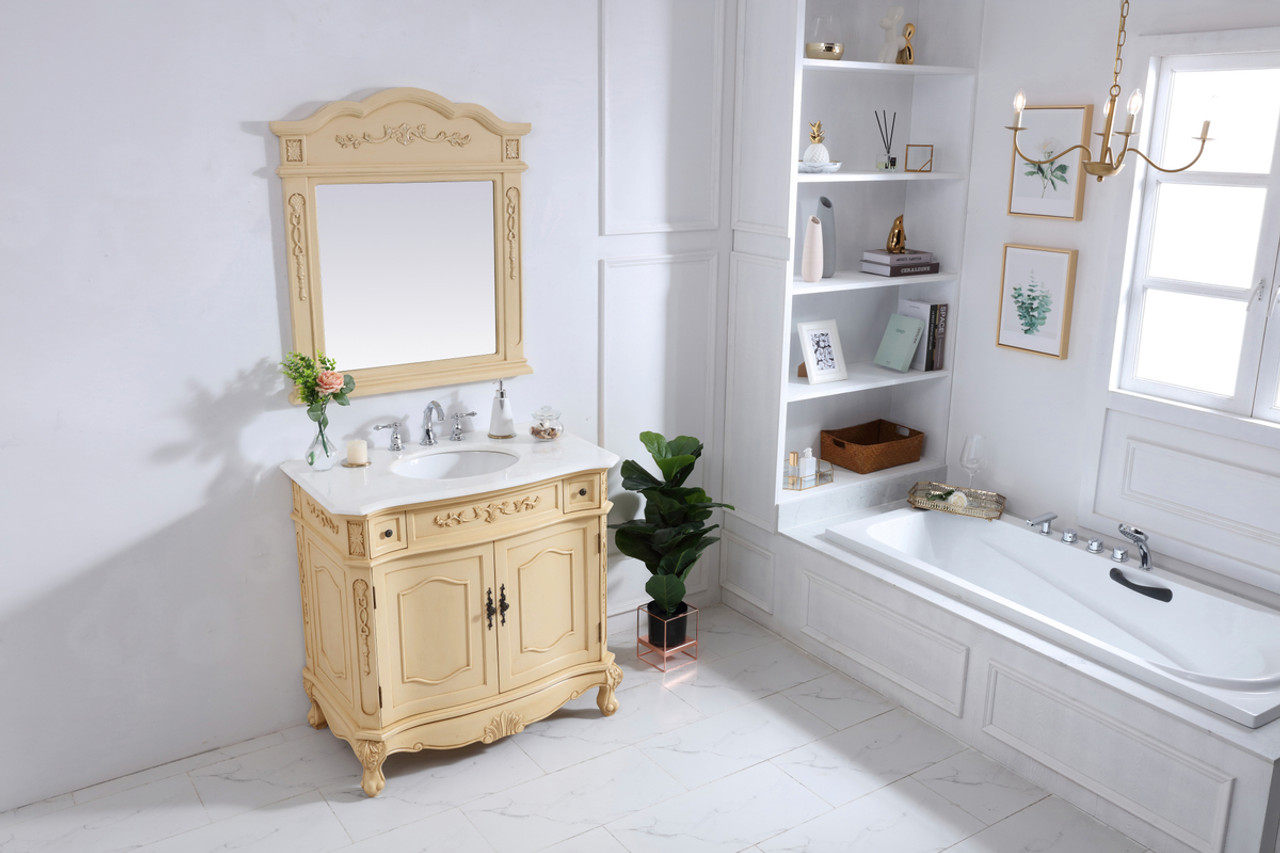 Elegant Kitchen and Bath VF10136LT-VW 36 inch Single Bathroom vanity in light antique beige with ivory white engineered marble