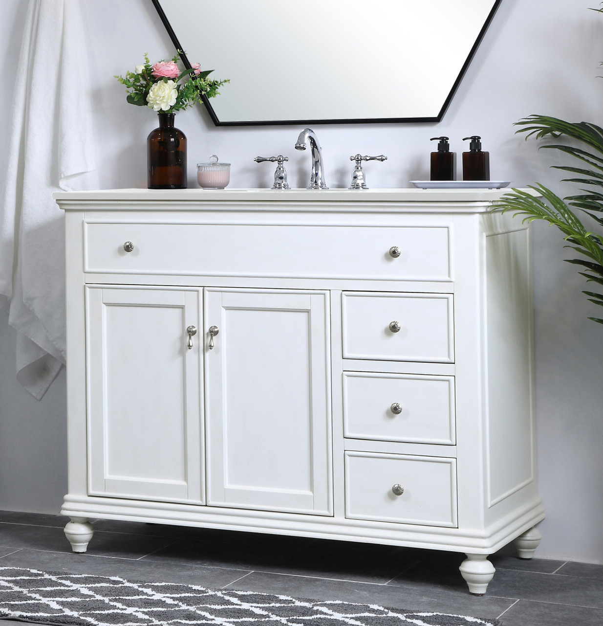 Elegant Kitchen and Bath VF12342AW-VW 42 inch Single Bathroom vanity in antique white with ivory white engineered marble
