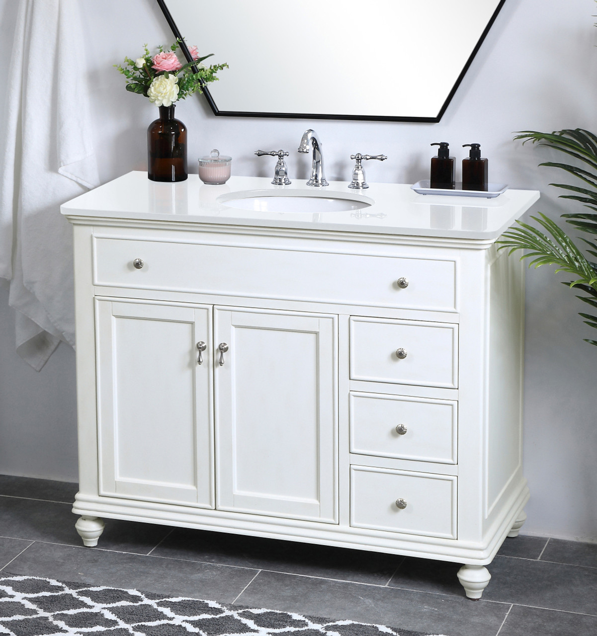 Elegant Kitchen and Bath VF12342AW-VW 42 inch Single Bathroom vanity in antique white with ivory white engineered marble