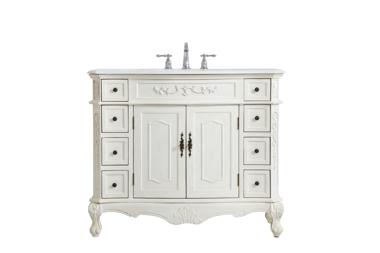 Elegant Kitchen and Bath VF10142AW-VW 42 inch Single Bathroom vanity in Antique White with ivory white engineered marble