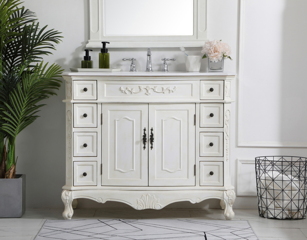 Elegant Kitchen and Bath VF10142AW-VW 42 inch Single Bathroom vanity in Antique White with ivory white engineered marble