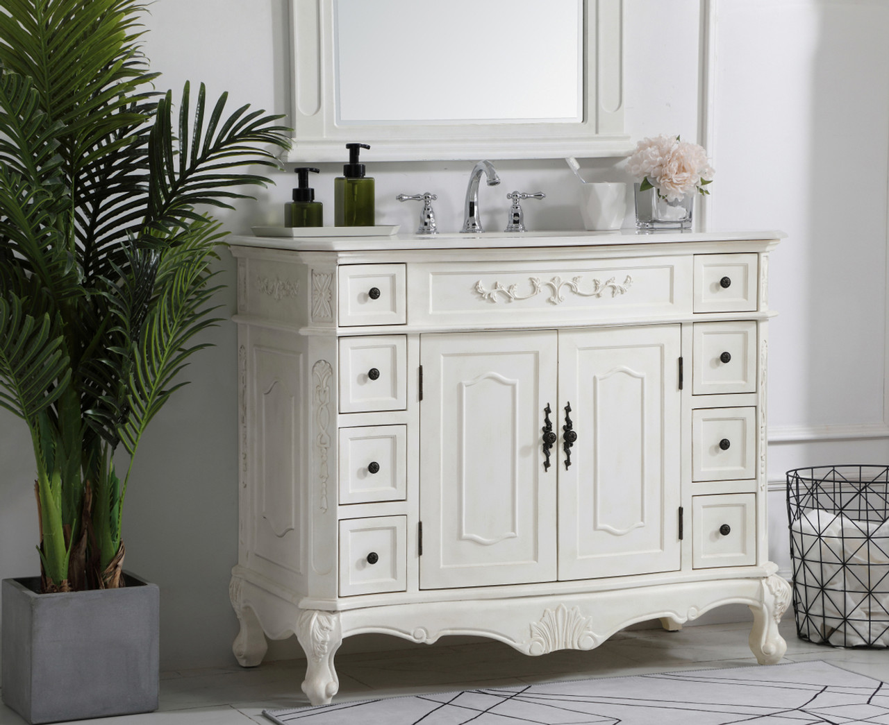 Elegant Kitchen and Bath VF10142AW-VW 42 inch Single Bathroom vanity in Antique White with ivory white engineered marble