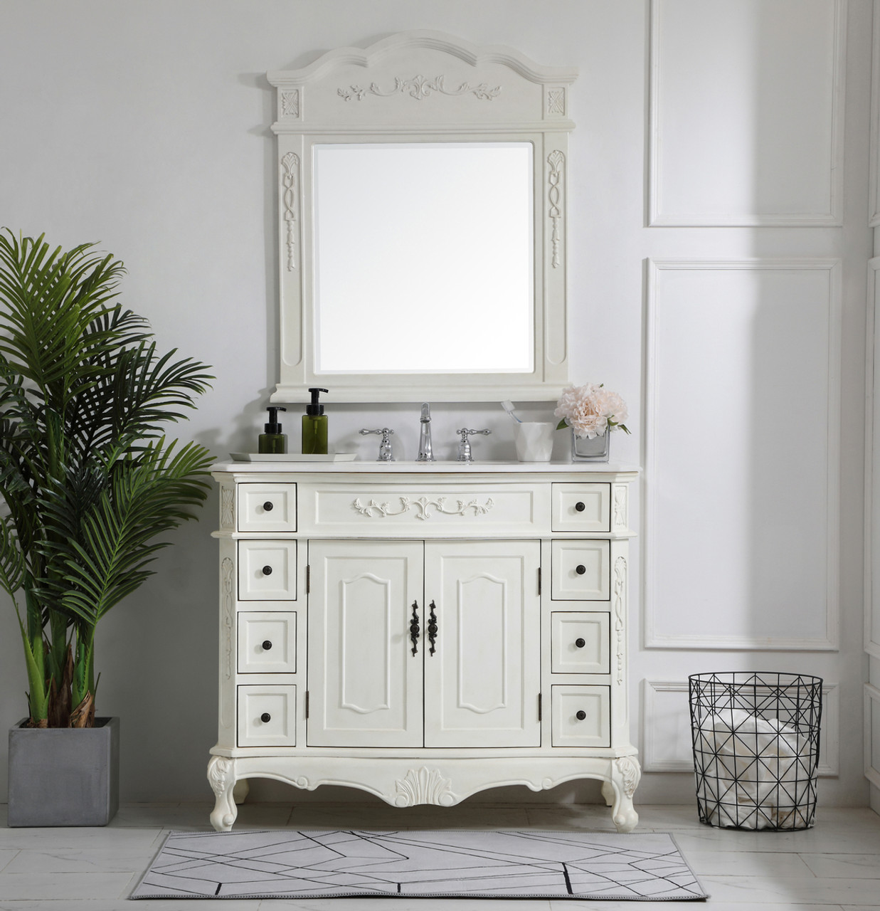 Elegant Kitchen and Bath VF10142AW-VW 42 inch Single Bathroom vanity in Antique White with ivory white engineered marble