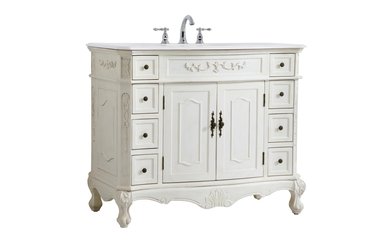 Elegant Kitchen and Bath VF10142AW-VW 42 inch Single Bathroom vanity in Antique White with ivory white engineered marble