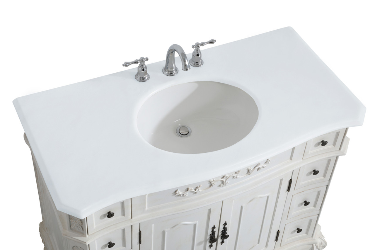 Elegant Kitchen and Bath VF10142AW-VW 42 inch Single Bathroom vanity in Antique White with ivory white engineered marble