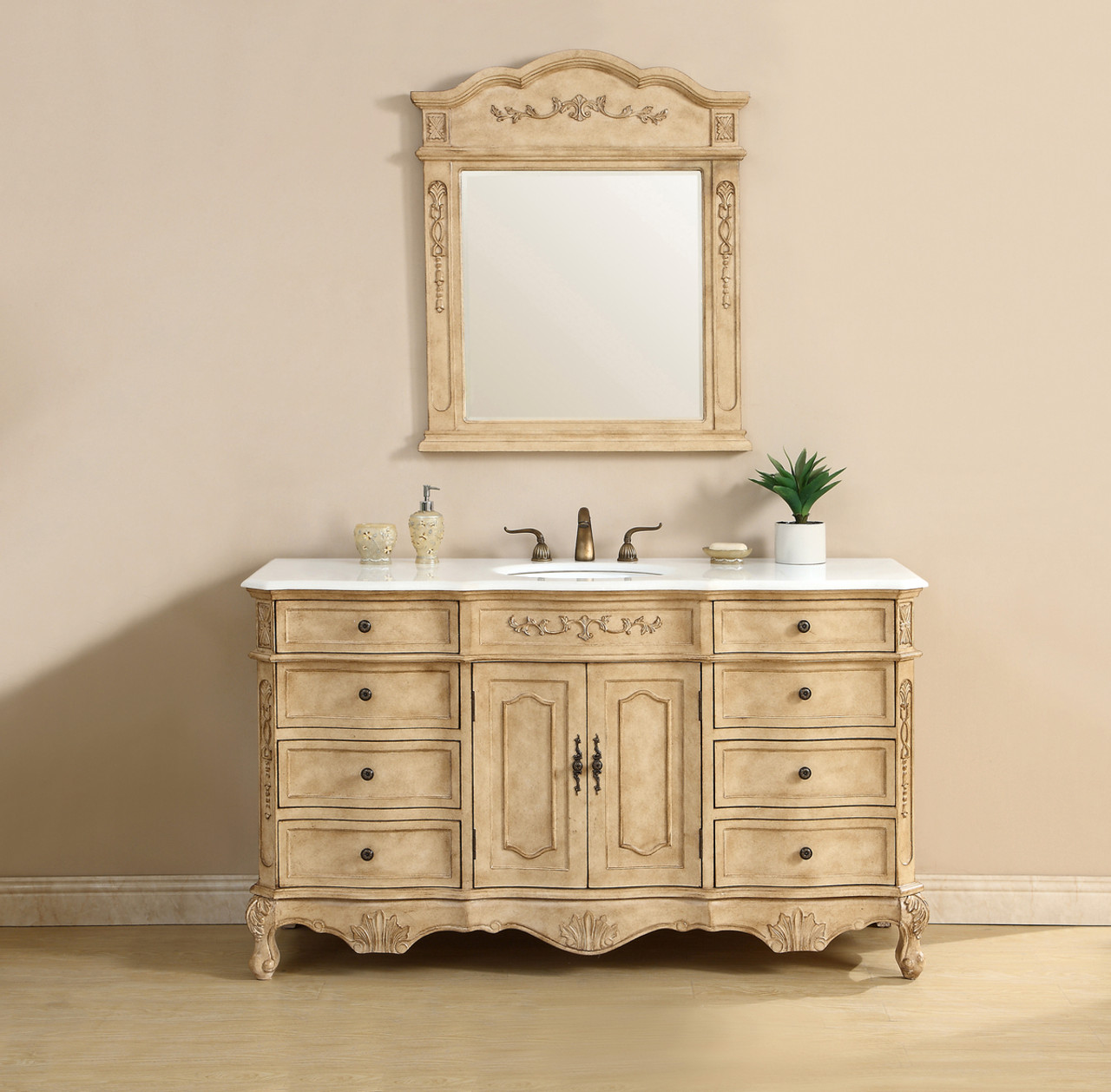 Elegant Kitchen and Bath VF101S60AB-VW 60 inch Single Bathroom vanity In Antique Beige with ivory white engineered marble