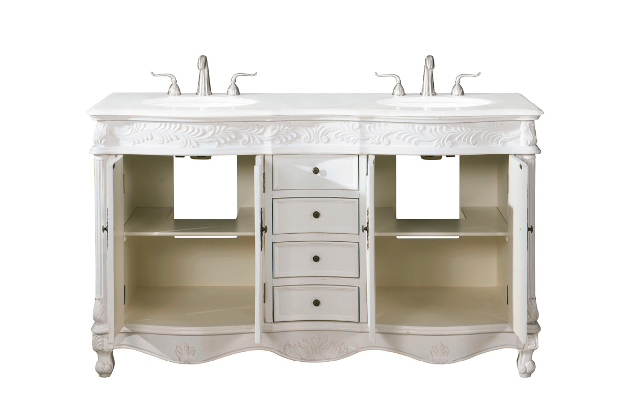 Elegant Kitchen and Bath VF-1049-VW 60 inch Double Bathroom vanity in Antique white with ivory white engineered marble