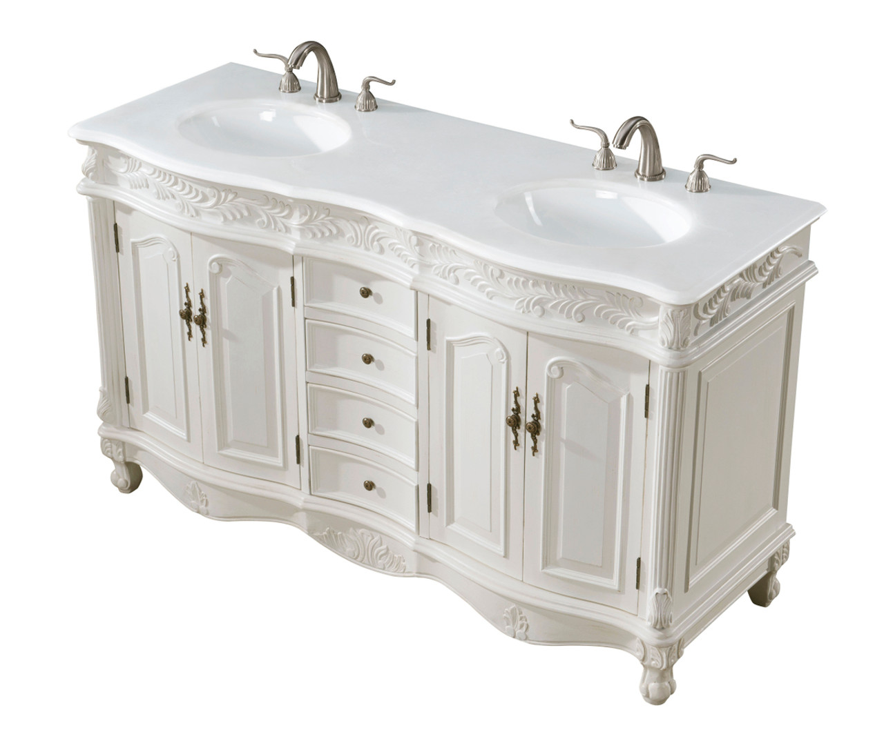 Elegant Kitchen and Bath VF-1049-VW 60 inch Double Bathroom vanity in Antique white with ivory white engineered marble