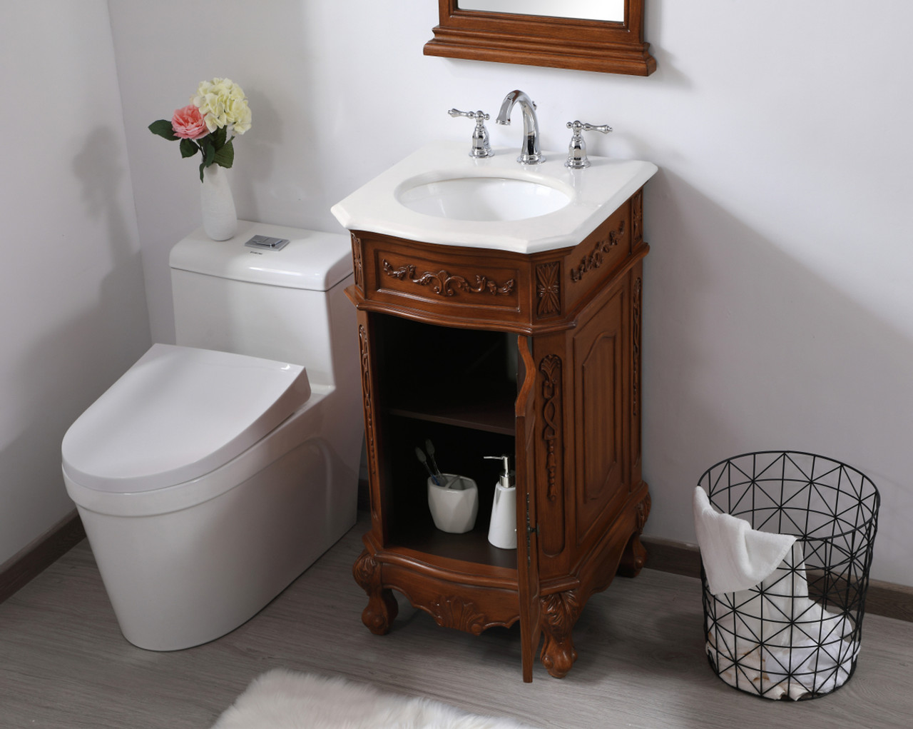 Elegant Kitchen and Bath VF10119TK-VW 19 inch Single Bathroom vanity in teak with ivory white engineered marble