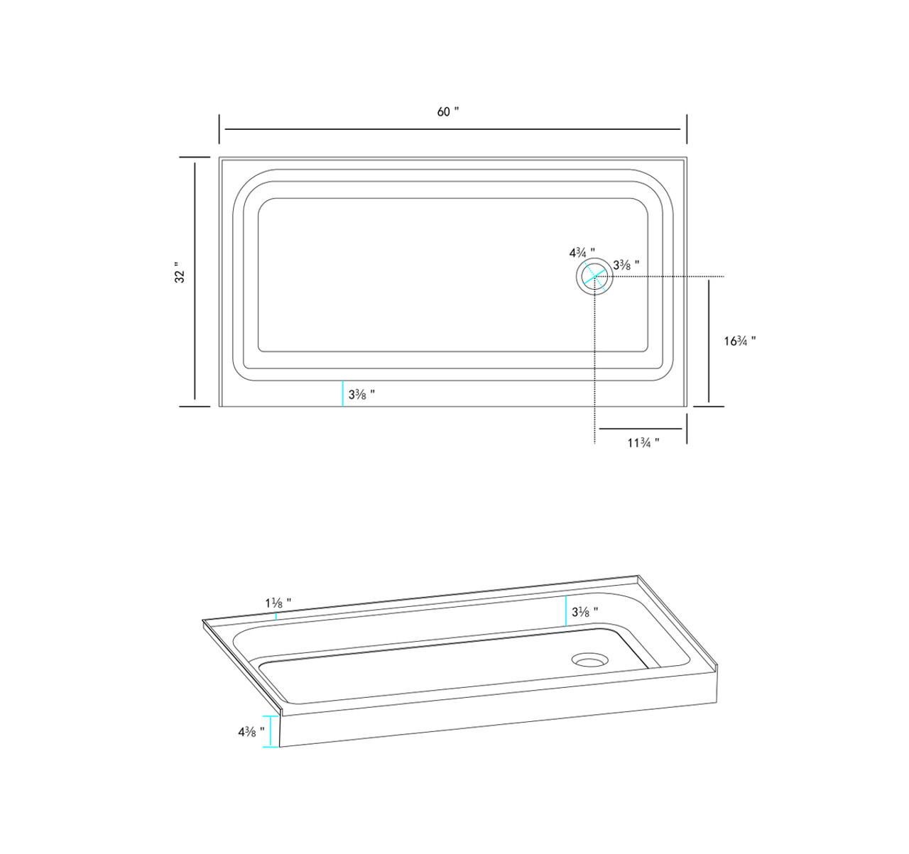 Elegant Kitchen and Bath STY01-R6032 60x32 inch Single threshold shower tray right drain in glossy white
