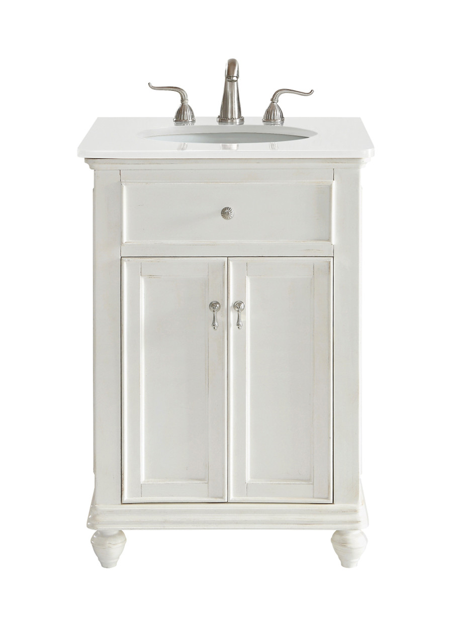 Elegant Kitchen and Bath VF12324AW-VW 24 inch Single Bathroom vanity in Antique White with ivory white engineered marble