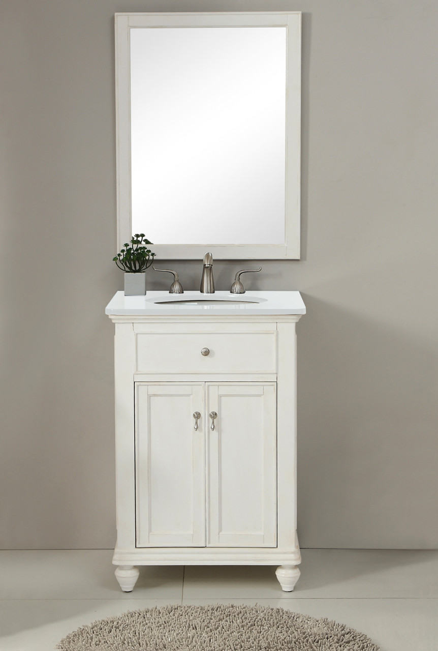 Elegant Kitchen and Bath VF12324AW-VW 24 inch Single Bathroom vanity in Antique White with ivory white engineered marble