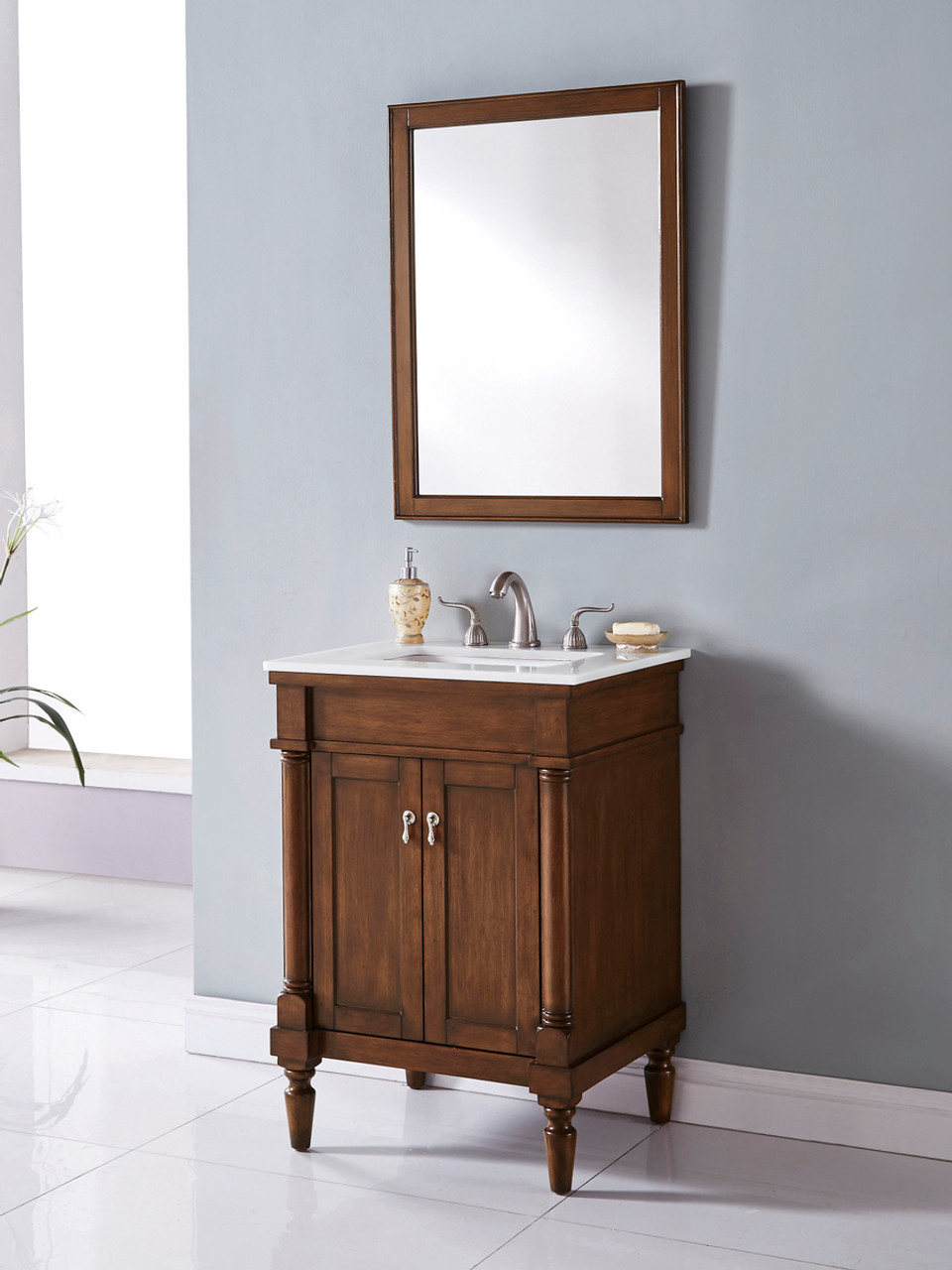 Elegant Kitchen and Bath VF13024WT-VW 24 inch Single Bathroom vanity in Walnut with ivory white engineered marble