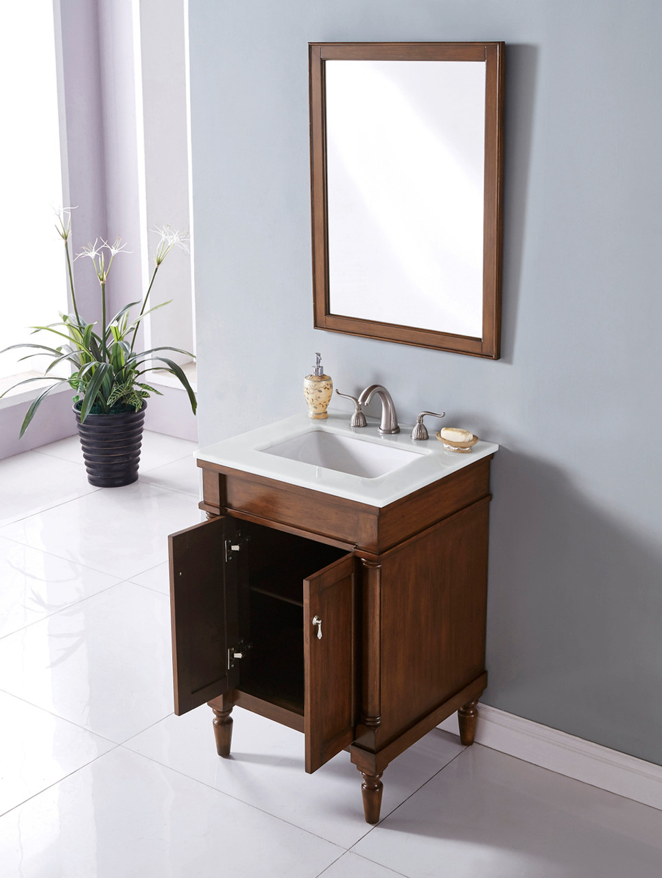 Elegant Kitchen and Bath VF13024WT-VW 24 inch Single Bathroom vanity in Walnut with ivory white engineered marble