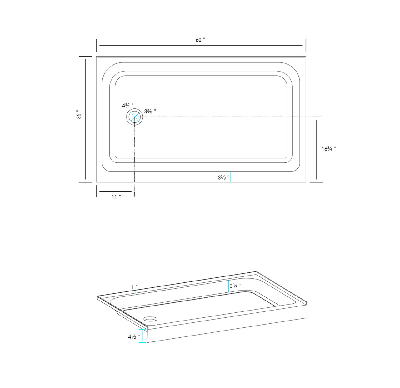 Elegant Kitchen and Bath STY01-L6036 60x36 inch Single threshold shower tray left drain in glossy white