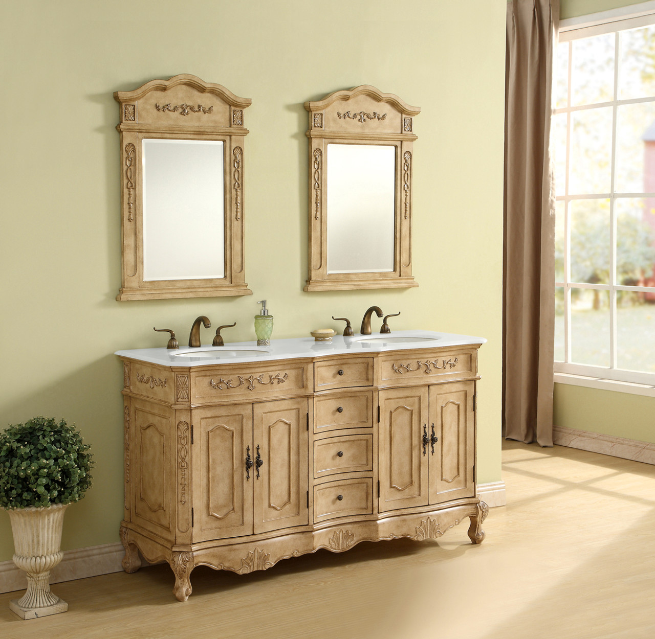 Elegant Kitchen and Bath VF10160DAB-VW 60 inch Double Bathroom vanity in Antique Beige with ivory white engineered marble