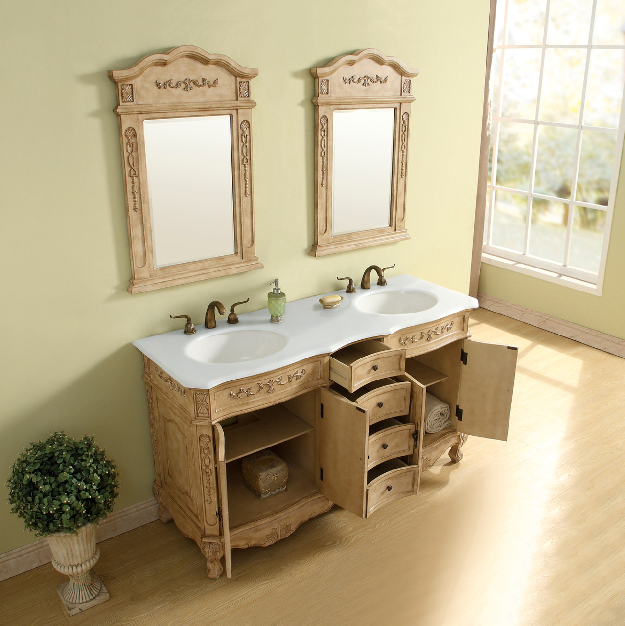 Elegant Kitchen and Bath VF10160DAB-VW 60 inch Double Bathroom vanity in Antique Beige with ivory white engineered marble