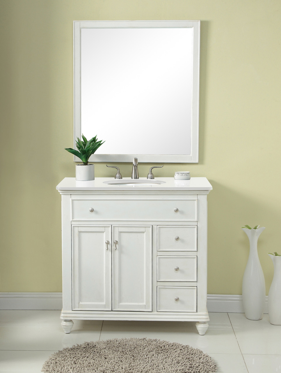 Elegant Kitchen and Bath VF12336AW-VW 36 inch Single Bathroom vanity in Antique White with ivory white engineered marble