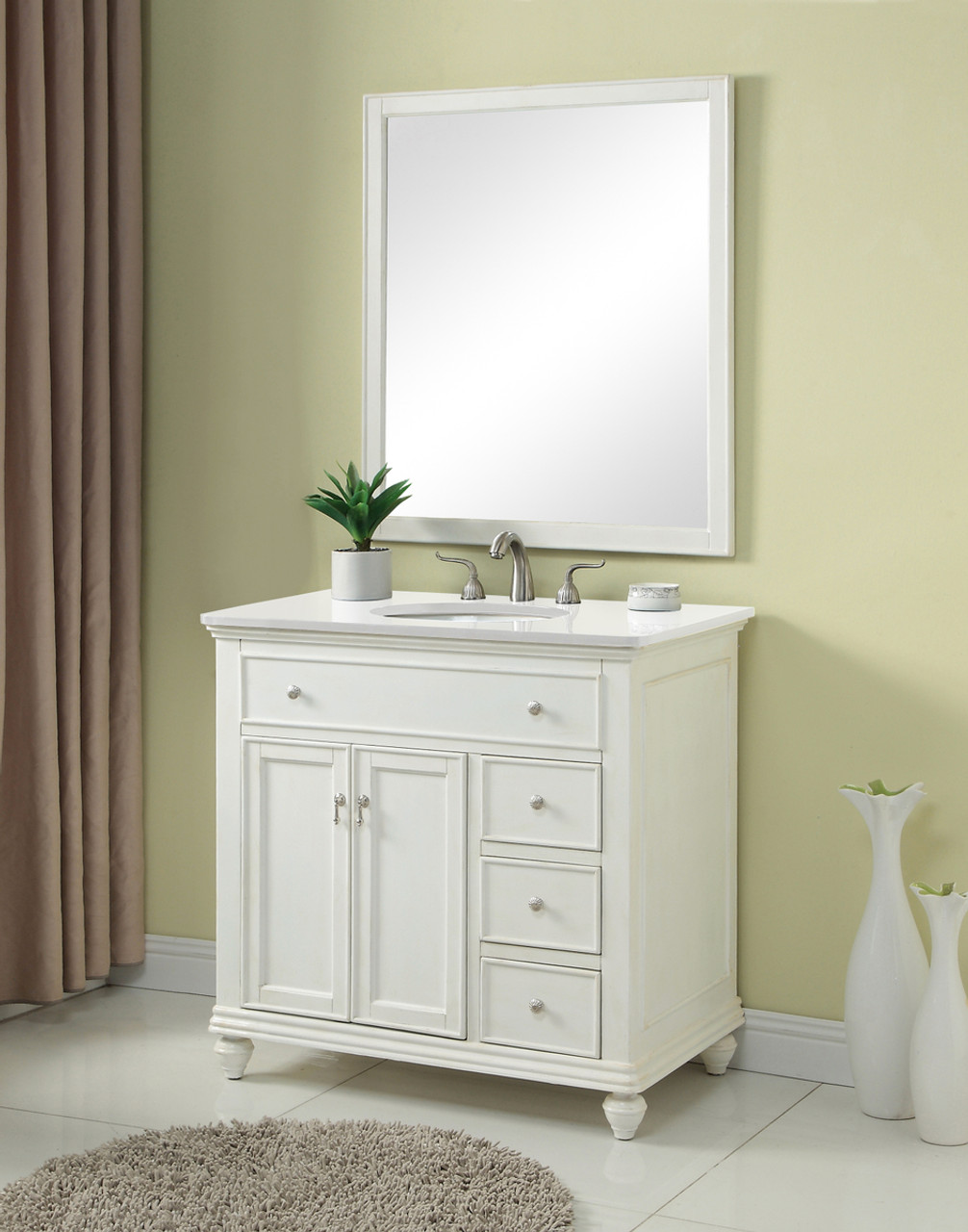 Elegant Kitchen and Bath VF12336AW-VW 36 inch Single Bathroom vanity in Antique White with ivory white engineered marble