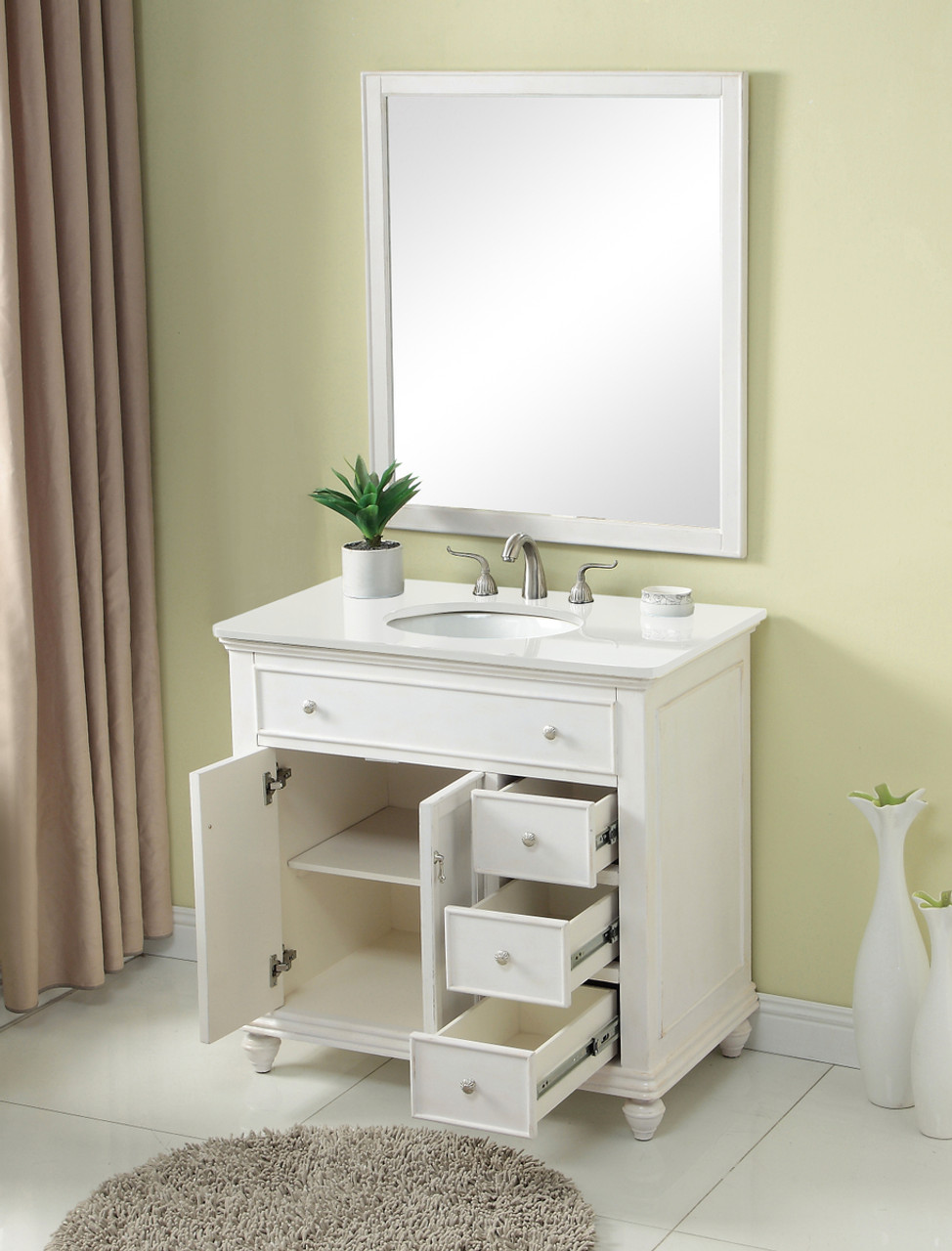 Elegant Kitchen and Bath VF12336AW-VW 36 inch Single Bathroom vanity in Antique White with ivory white engineered marble