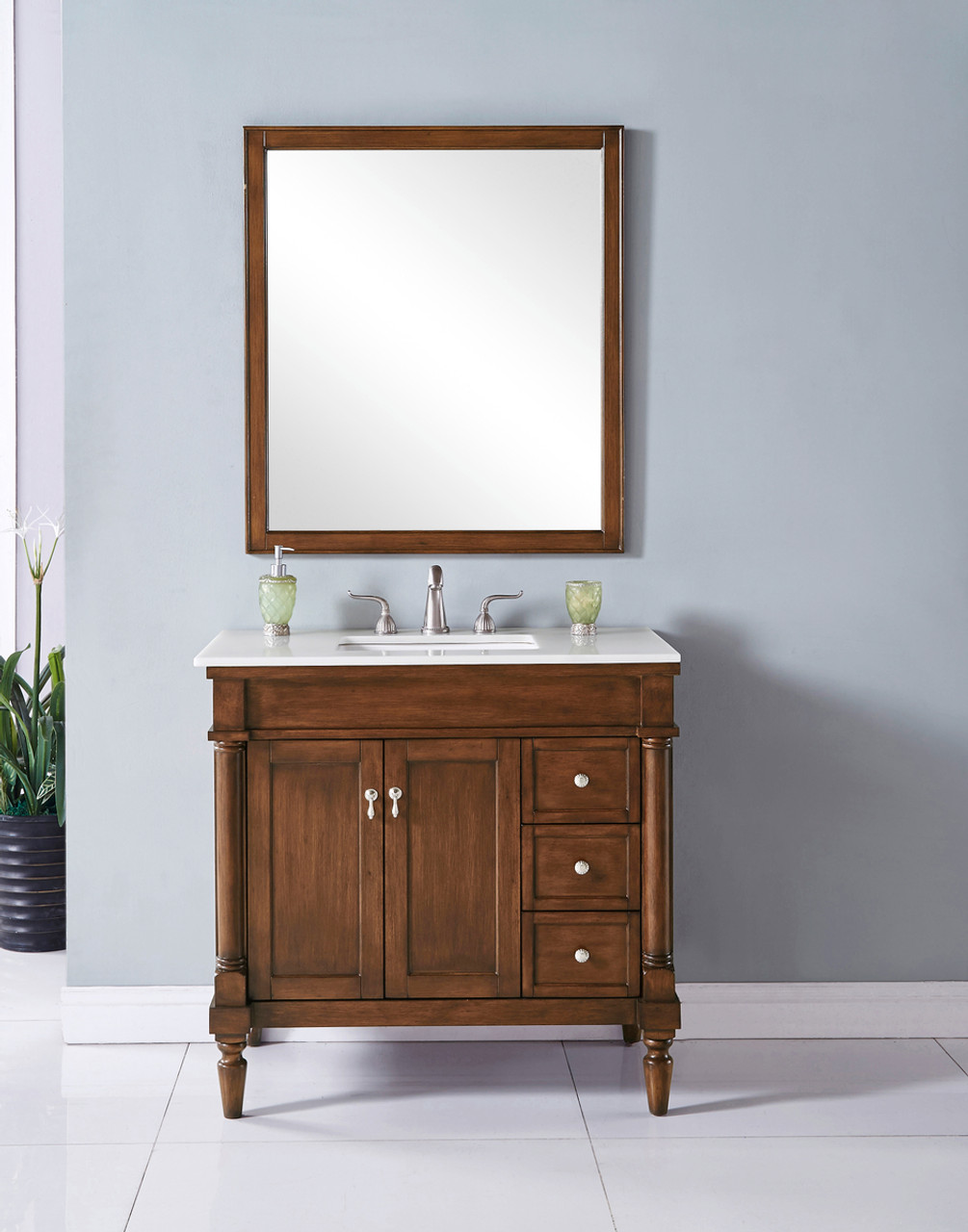 Elegant Kitchen and Bath VF13036WT-VW 36 inch Single Bathroom vanity in Walnut with ivory white engineered marble Elegant Kitchen and Bath VF13036WT-VW 36 inch Single Bathroom vanity in Walnut with ivory white engineered marble
