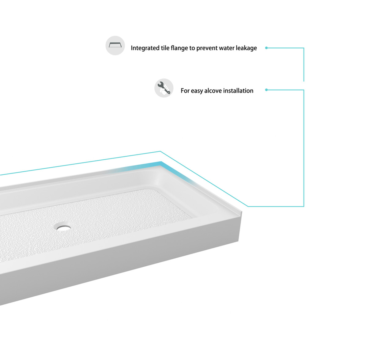 Elegant Kitchen and Bath STY01-C6036 60x36 inch Single threshold shower tray center drain in glossy white