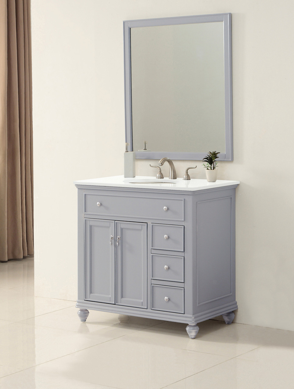 Elegant Kitchen and Bath VF12336GR-VW 36 inch Single Bathroom vanity in Light Grey with ivory white engineered marble