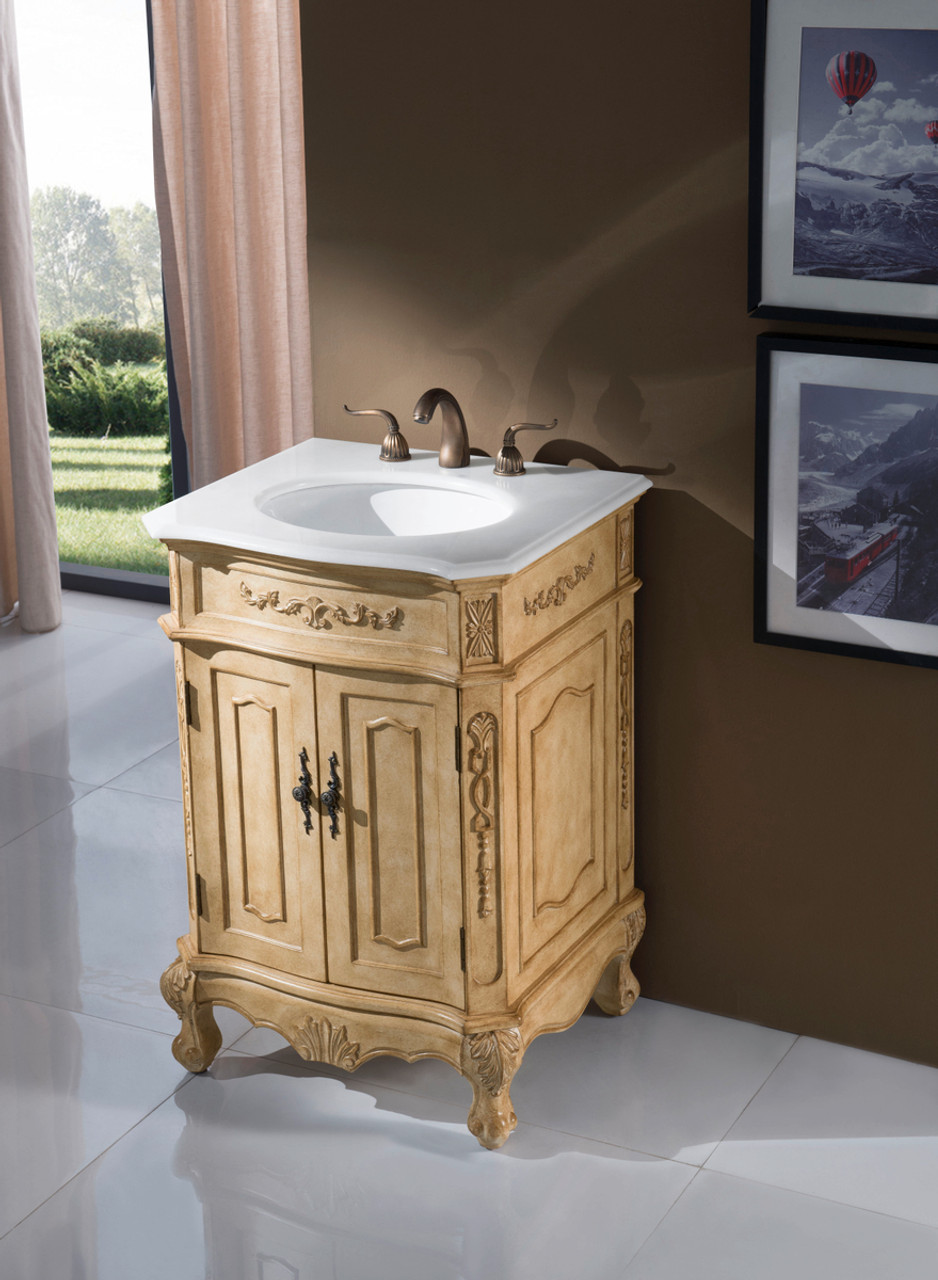 Elegant Kitchen and Bath VF-1001-VW 24 inch Single Bathroom vanity in Antique Beige with ivory white engineered marble