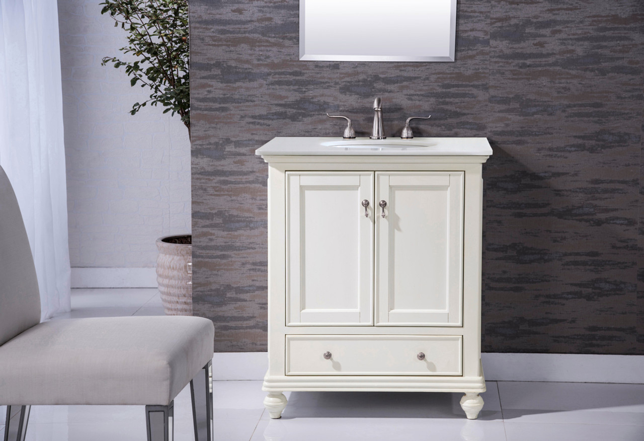 Elegant Kitchen and Bath VF-1023-VW 30 inch Single Bathroom vanity in Antique White with ivory white engineered marble