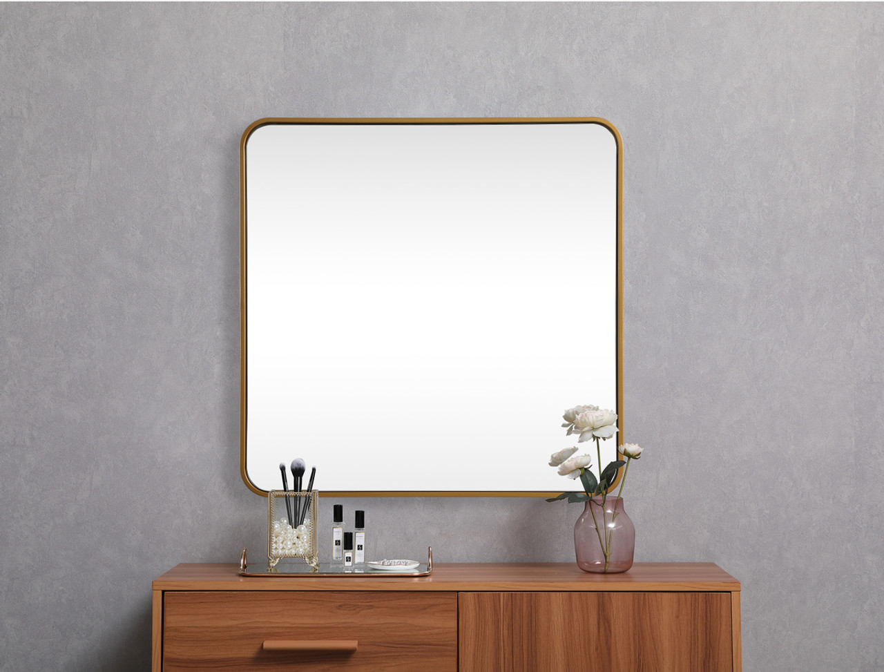 Elegant Decor MR803030BR Soft corner metal square mirror 30x30 inch in Brass