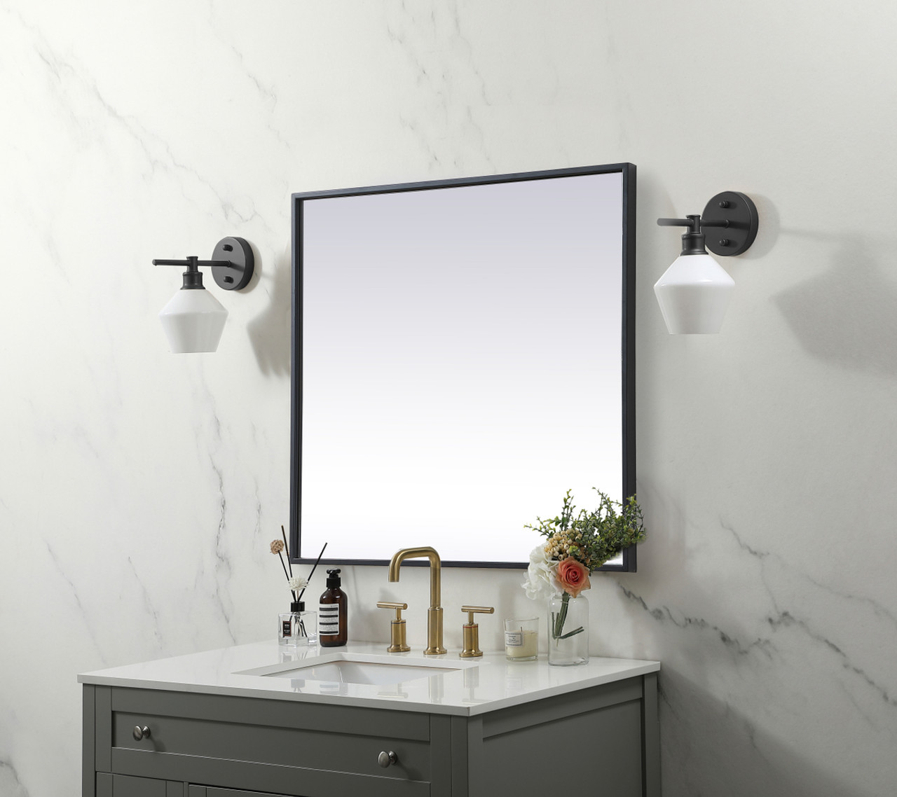Elegant Decor MR42424BK Metal Frame Square Mirror 24 inch in Black