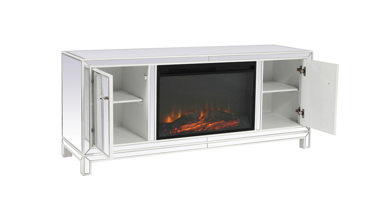 Elegant Decor MF701WH-F1 60 in. mirrored TV stand with wood fireplace insert in white