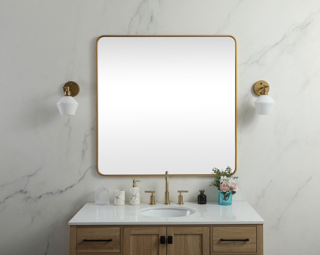 Elegant Decor MR804848BR Soft corner metal square mirror 48x48 inch in Brass