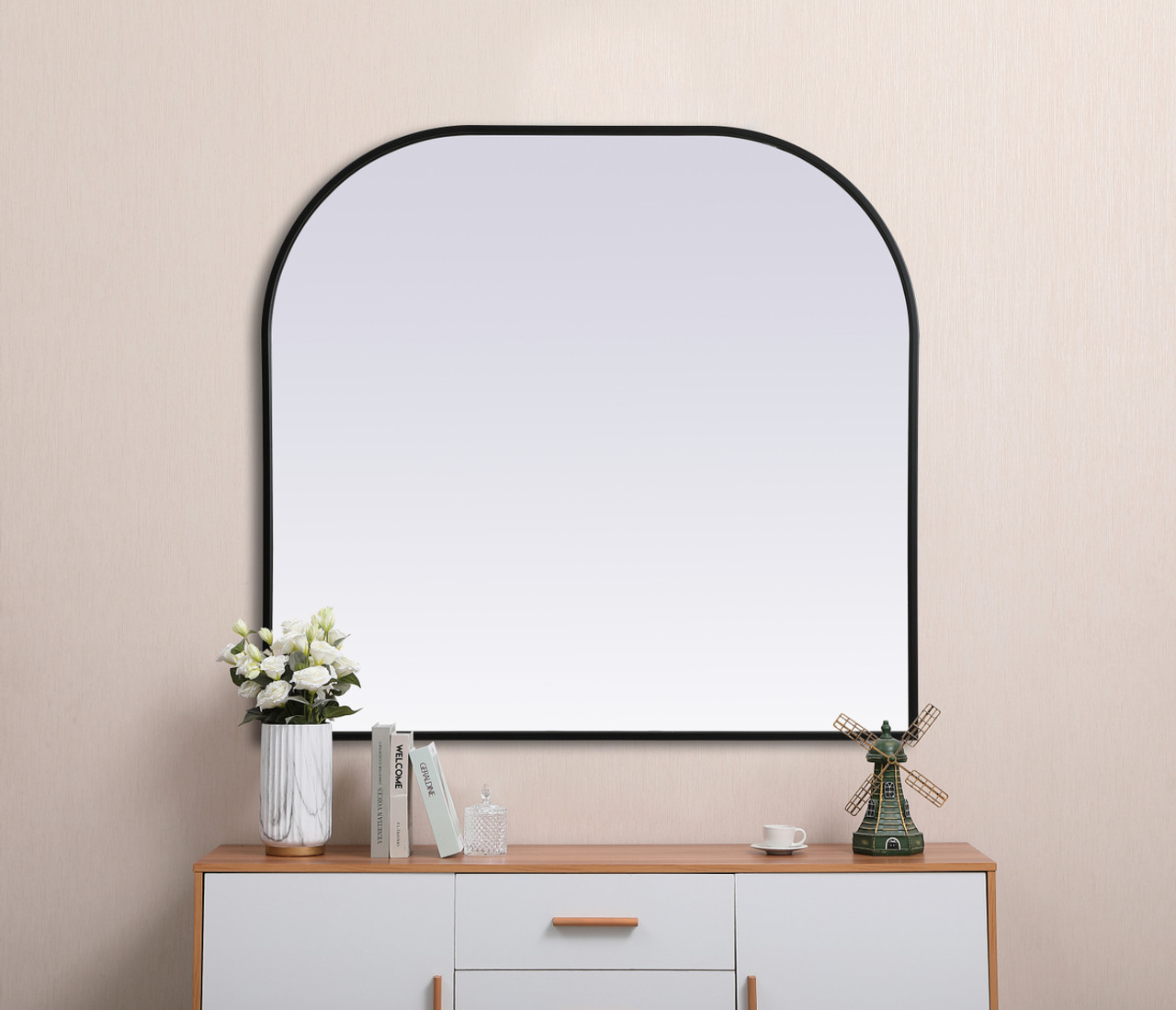 Elegant Decor MR1B3634BLK Metal Frame Arch Mirror 36x34 Inch in Black