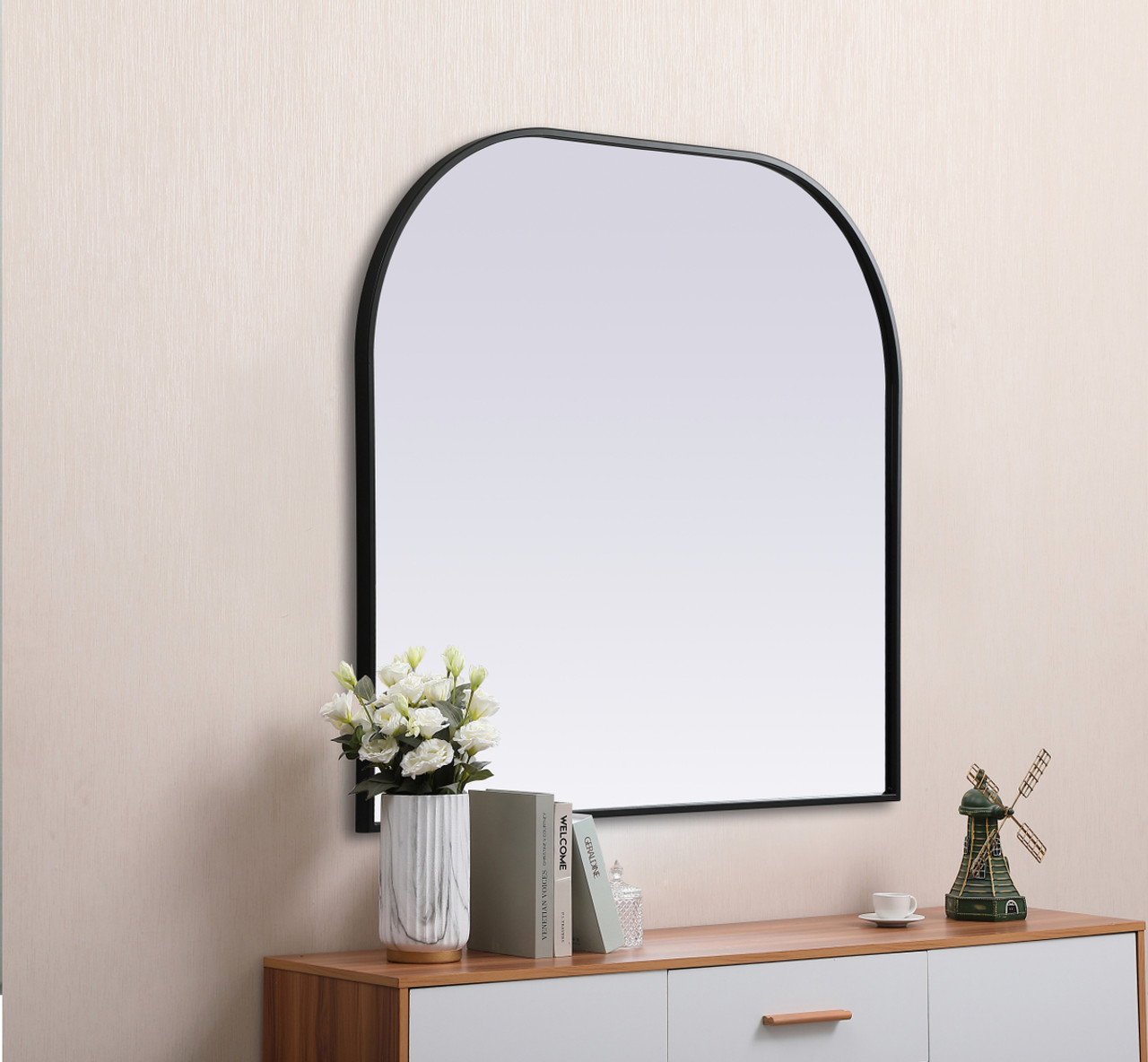 Elegant Decor MR1B3634BLK Metal Frame Arch Mirror 36x34 Inch in Black