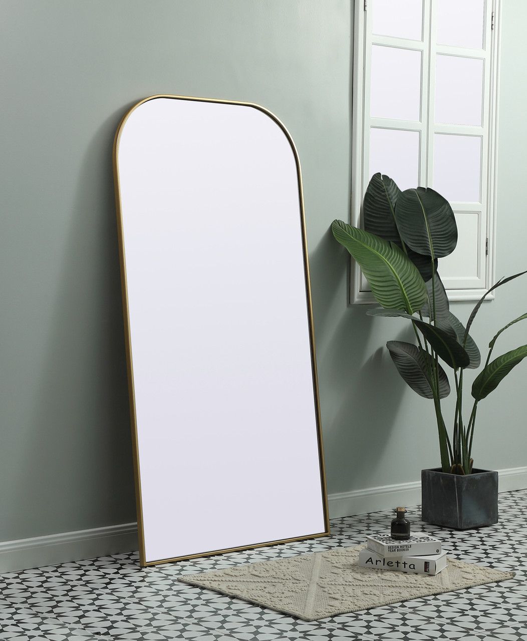 Elegant Decor MR1B3566BRS Metal Frame Arch Full Length Mirror 35x66 Inch in Brass