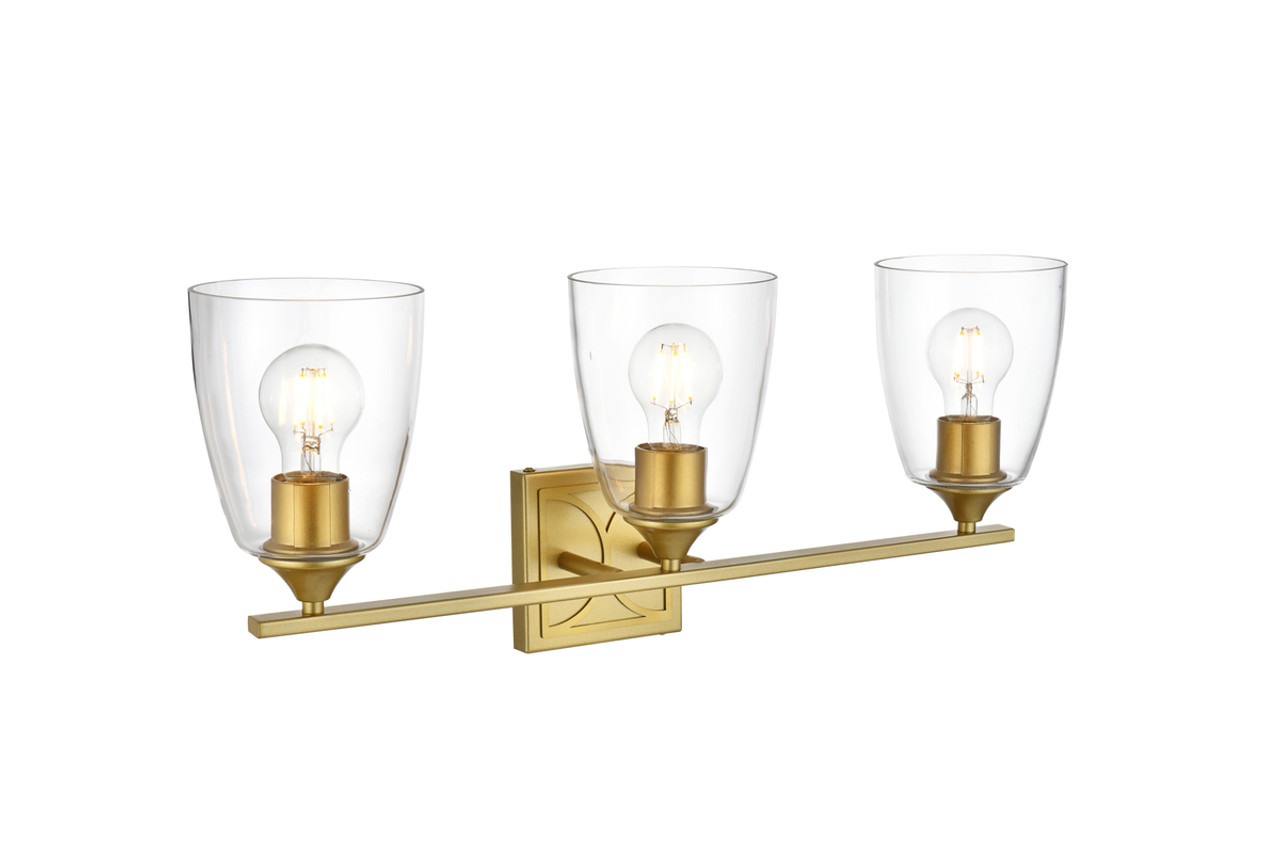 Living District LD7309W24BRA Harris 3 light Brass and Clear Bath Sconce