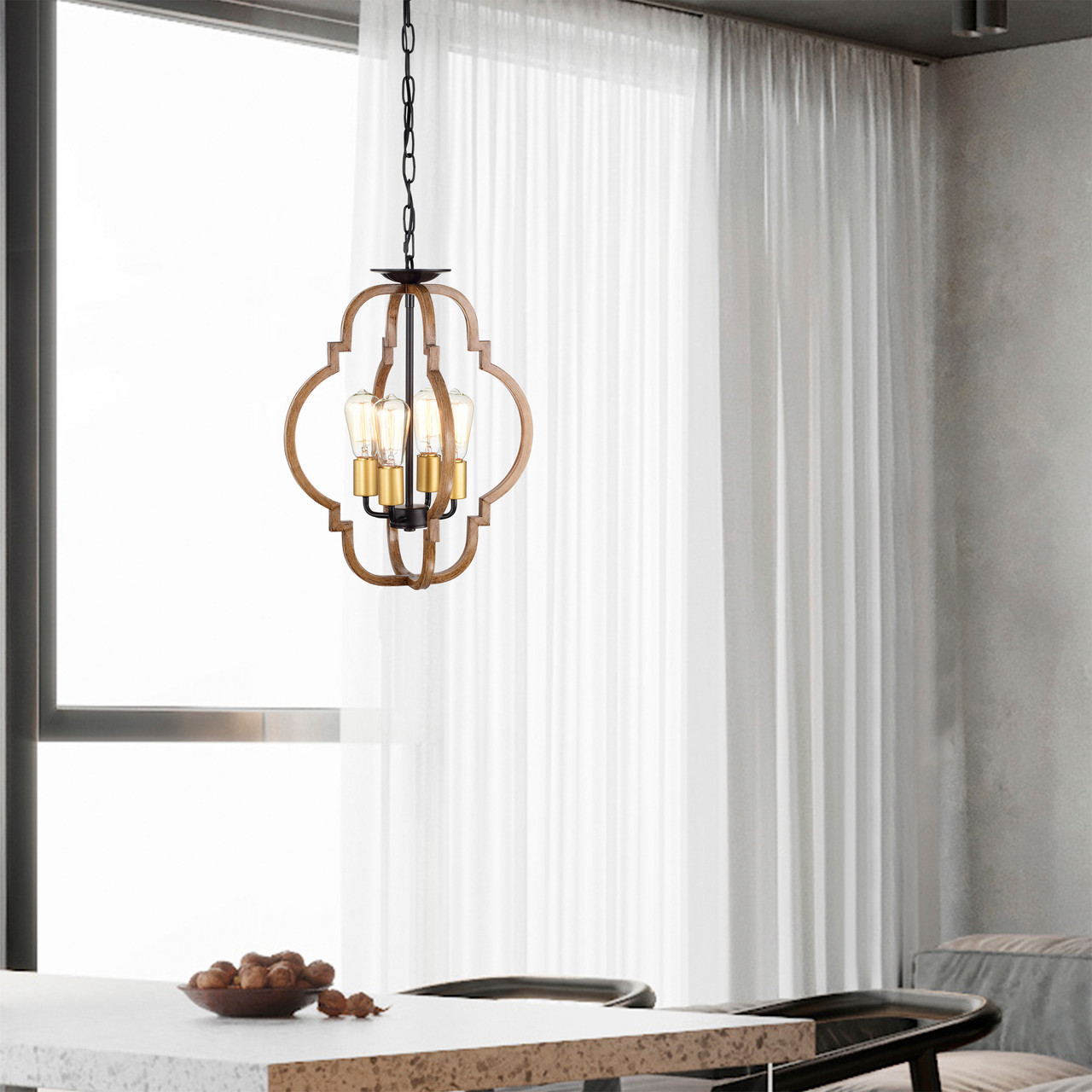 WAREHOUSE OF TIFFANY'S MD51/4 Ason 16 in. 4-Light Indoor Matte Black and Faux Wood Grain Finish Pendant with Light Kit