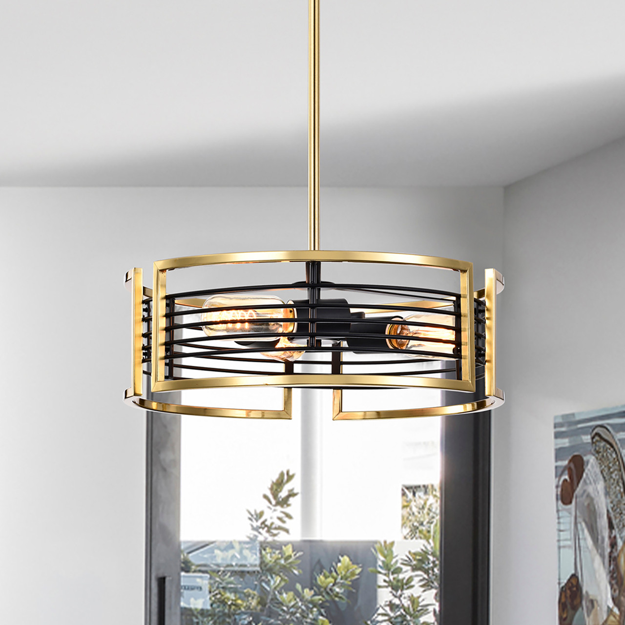 WAREHOUSE OF TIFFANY'S 3005/3PB Milly 15 in. 3-Light Indoor Brass and Matte Black Finish Chandelier with Light Kit