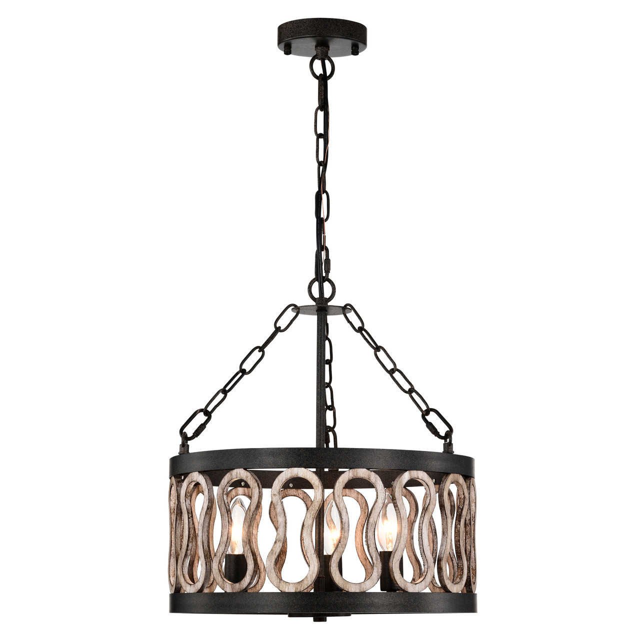 WAREHOUSE OF TIFFANY'S PD037/3 Dalen 16 in. 3-Light Indoor Rustic Black and Faux Wood Grain Finish Chandelier with Light Kit