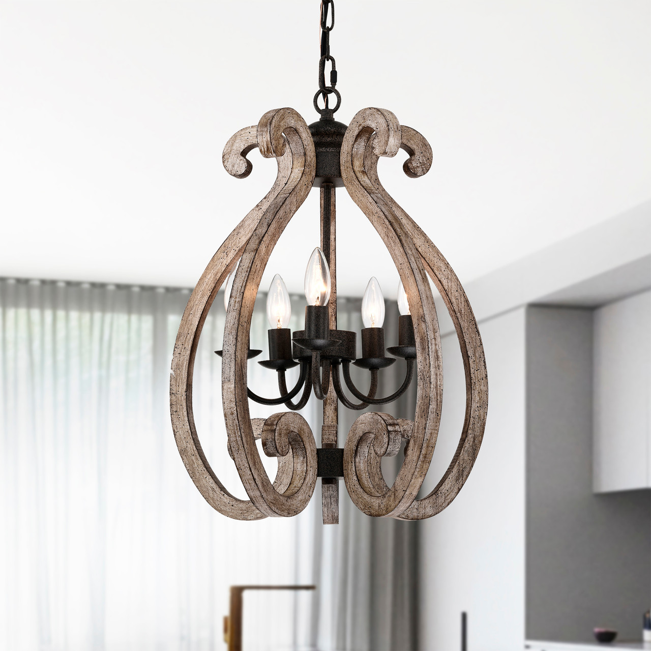 WAREHOUSE OF TIFFANY'S PD039/6 Lina 17 in. 6-Light Indoor Rustic Brown and Faux Wood Grain Finish Chandelier with Light Kit