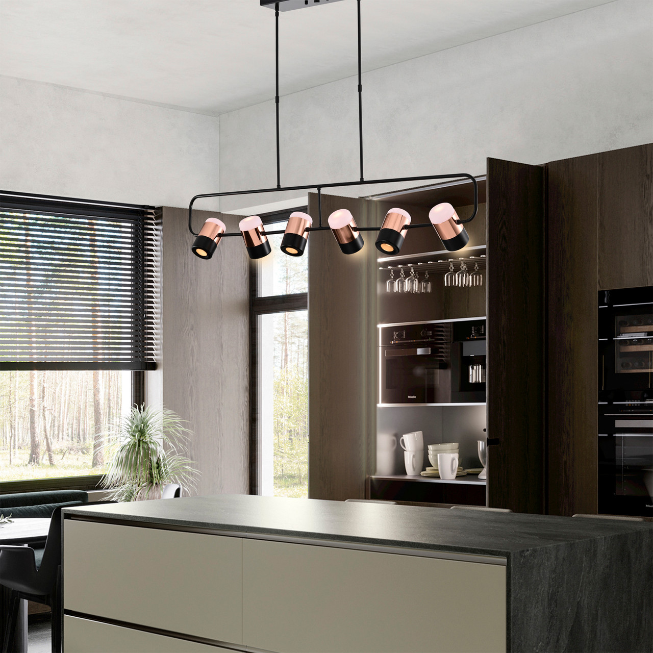 WAREHOUSE OF TIFFANY'S MD123/6MB Witny 47 in. 6-Light Indoor Matte Black and Rose Gold Finish Chandelier with Light Kit