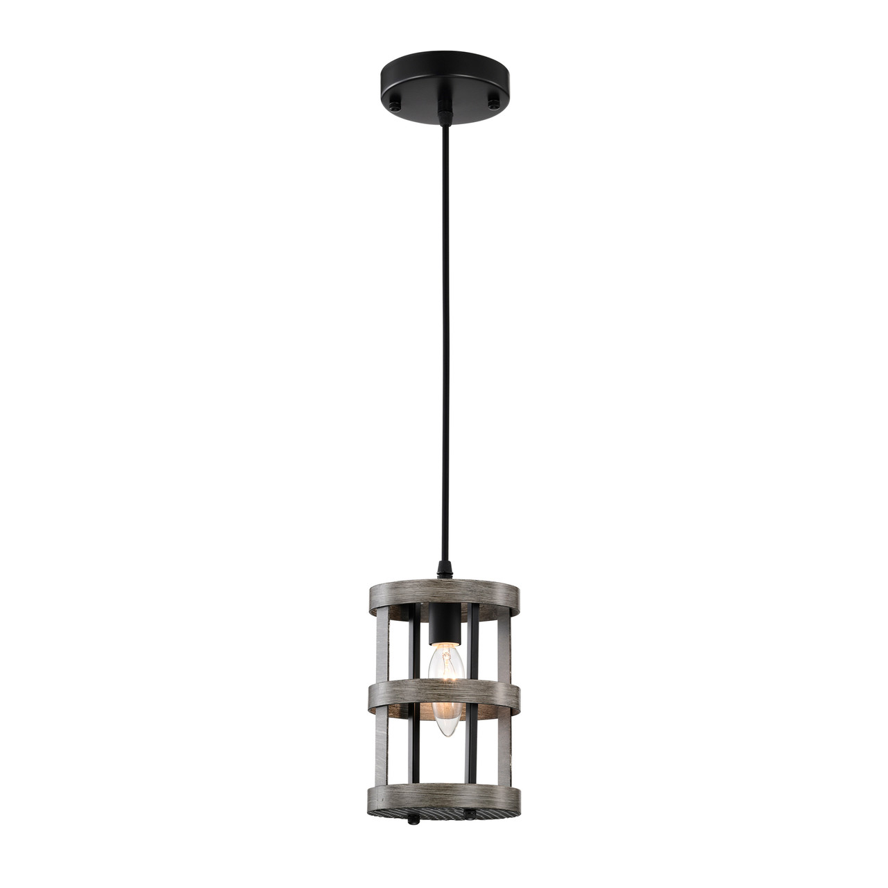 WAREHOUSE OF TIFFANY'S MD144/1 Dania 5 in. 1-Light Indoor Matte Black and Faux Wood Grain Finish Pendant Light with Light Kit