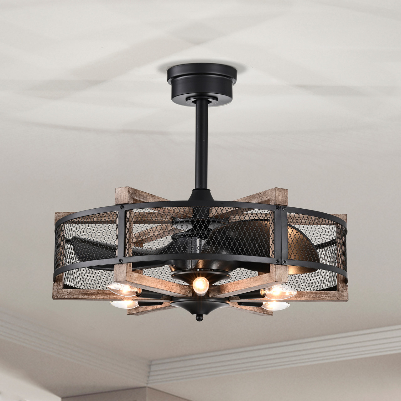 WAREHOUSE OF TIFFANY'S DY19Y19BG Wulf 24 in. 6-Light Indoor Matte Black and Faux Wood Grain Finish Ceiling Fan with Light Kit