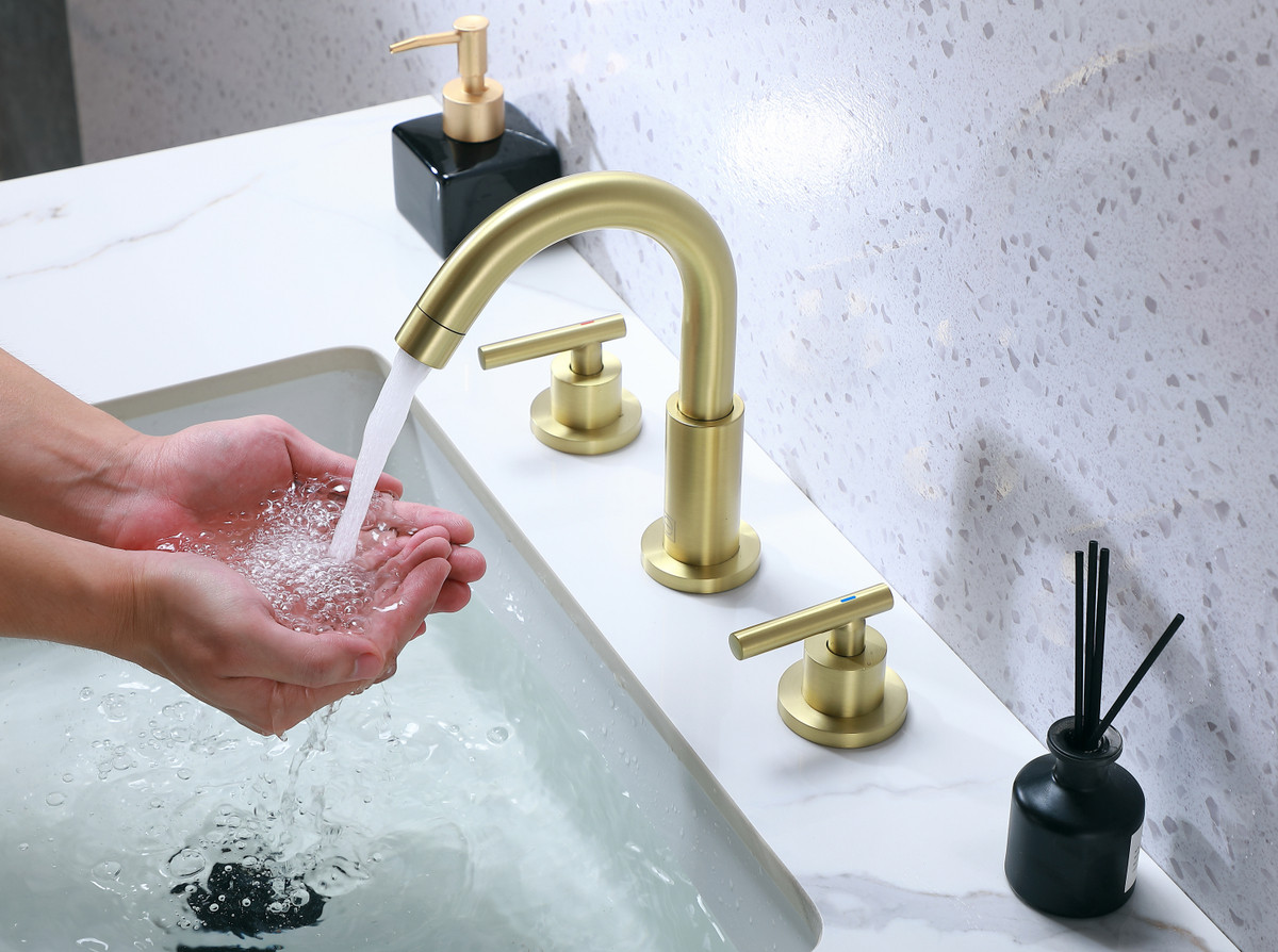 ELEGANT KITCHEN AND BATH FAV-1009BGD Leah 8 inch Widespread Double Handle Bathroom Faucet in Brushed Gold